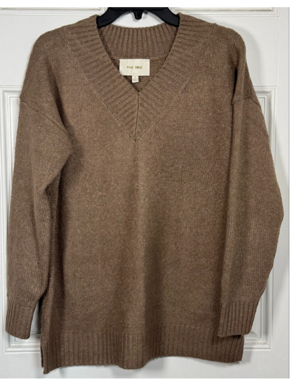 Pink Rose Brown V-Neck Oversized Sweater Size Small Cozy Neutral Knit